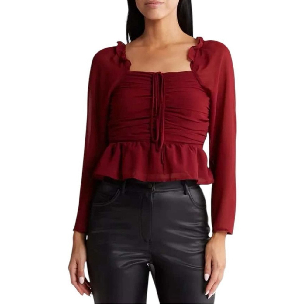 Vigoss Red Cherry Chiffon Ruffled Top Size M Long Sleeve Blouse Shirt NWT